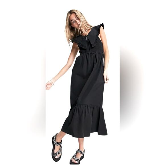 Topshop Oversized Collar Shirred Midi Dress in Black, size 6 - Picture 1 of 7